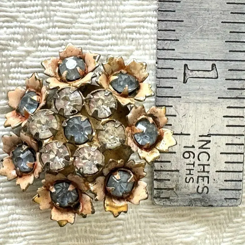1940’s SANDOR Signed Small Antique Flower Brooch Sea Blue and Clear Rhinestones
